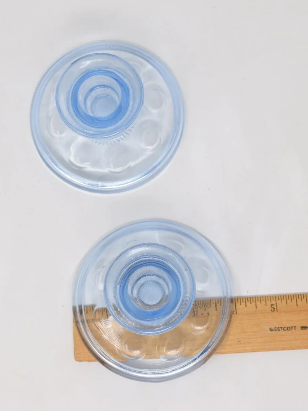 2 Imperial Ice Blue Old English Candlestick Holders Glass Thumbprint Olive Dots